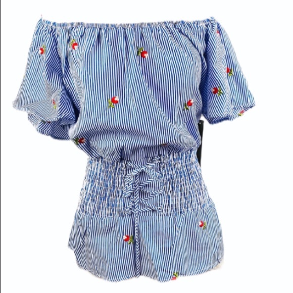 Kontrol Tops - NEW Blue White Stripe Embroidered Peasant Blouse